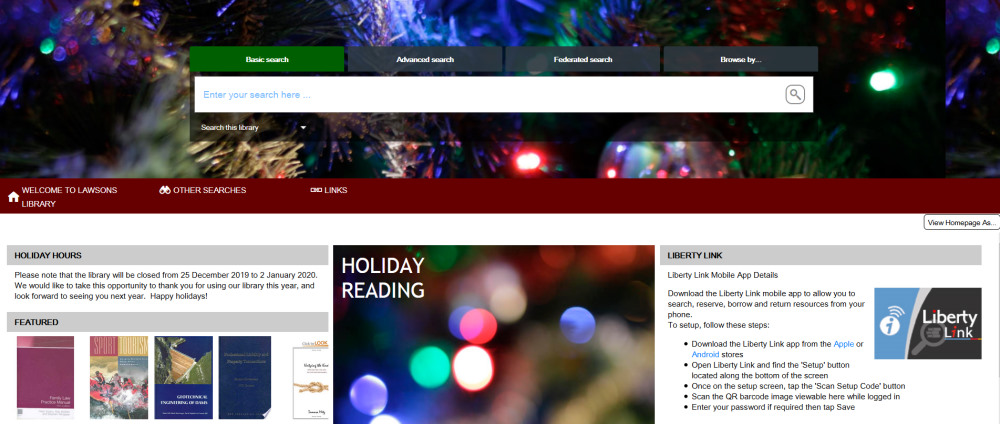 screenshot of library management system home page showing holiday information