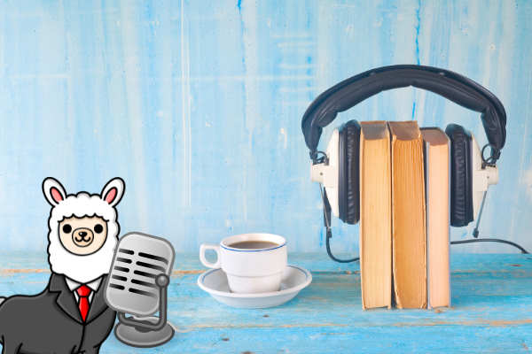 Alex the Alpaca with a microphone, books wearing a headphone