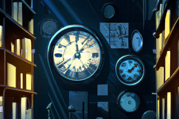 various clocks displayed on a wall near some bookshelves