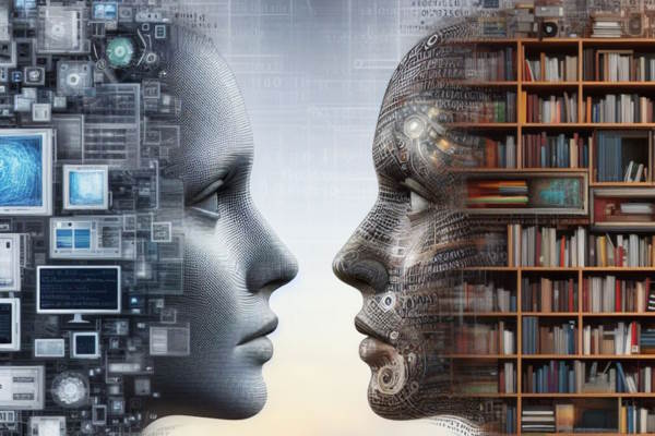 Two human heads facing each other, one overlaid with bookshelves, one with computers