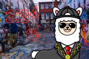 Alex the Alpaca in a lane with graffiti