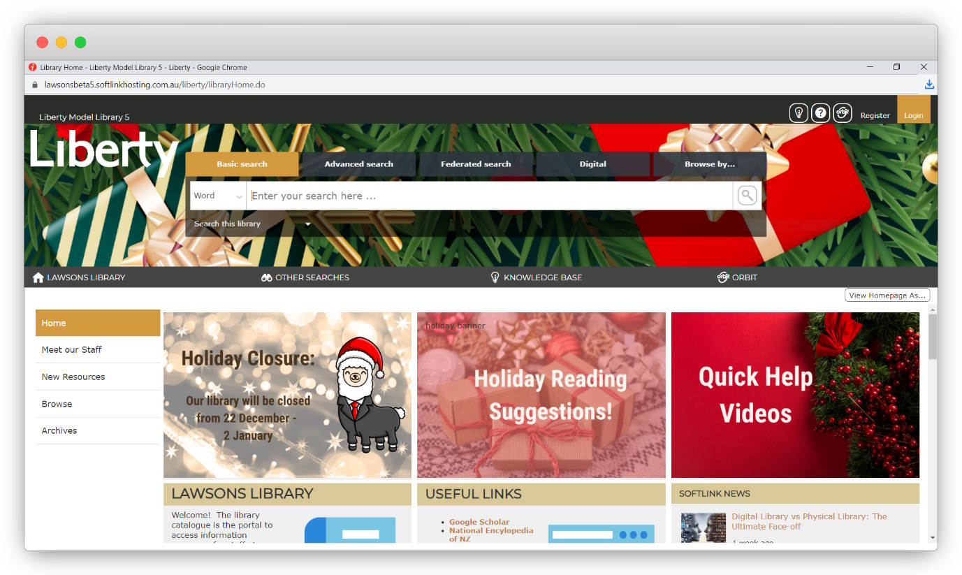 Liberty homepage decorated for the Christmas holidays