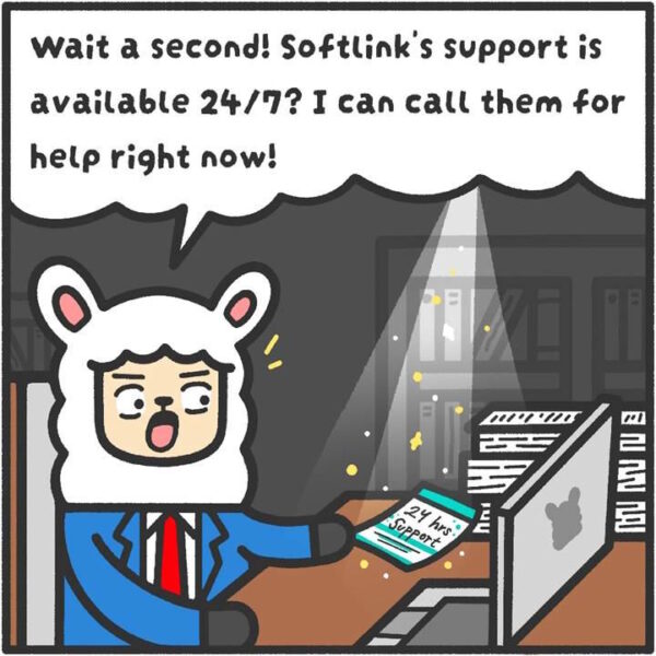 Alex the Alpaca in a law library noting Softlink's 24/7 support.