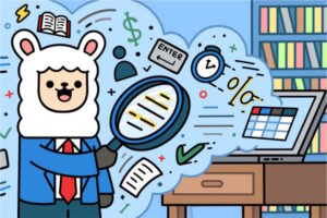 Alex the Alpaca holding a magnifying glass to a library screen