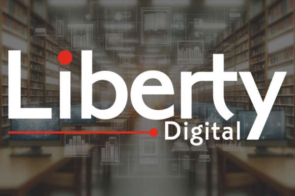 Liberty digital logo with a background of digital resources