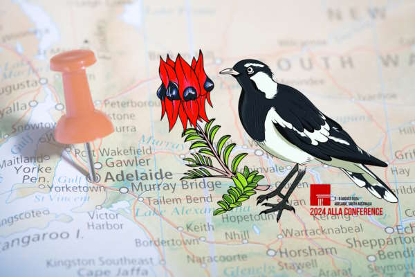 bird on map of south Australia with all conference logo