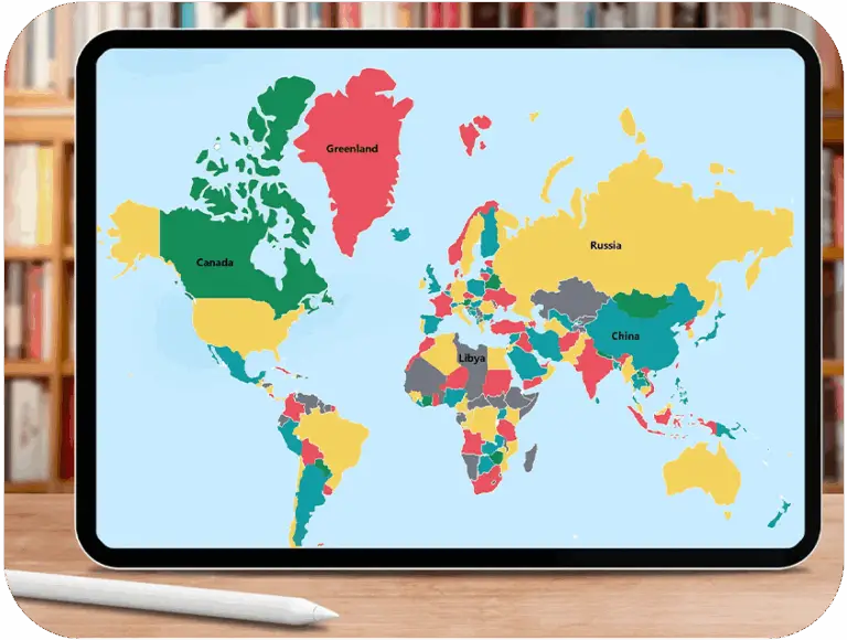 Tablet with map of the world on screen