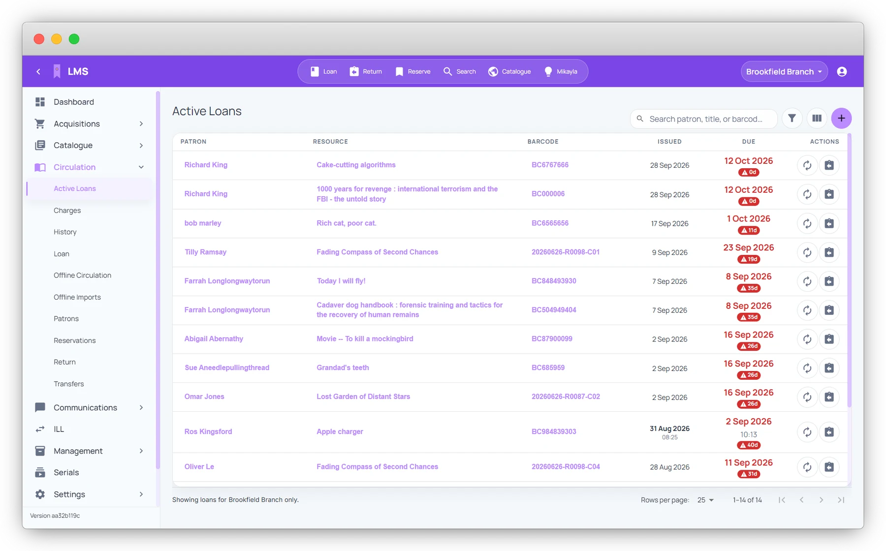 Nova Active Loans screen listing patrons, titles, barcodes and due dates, with overdue items flagged