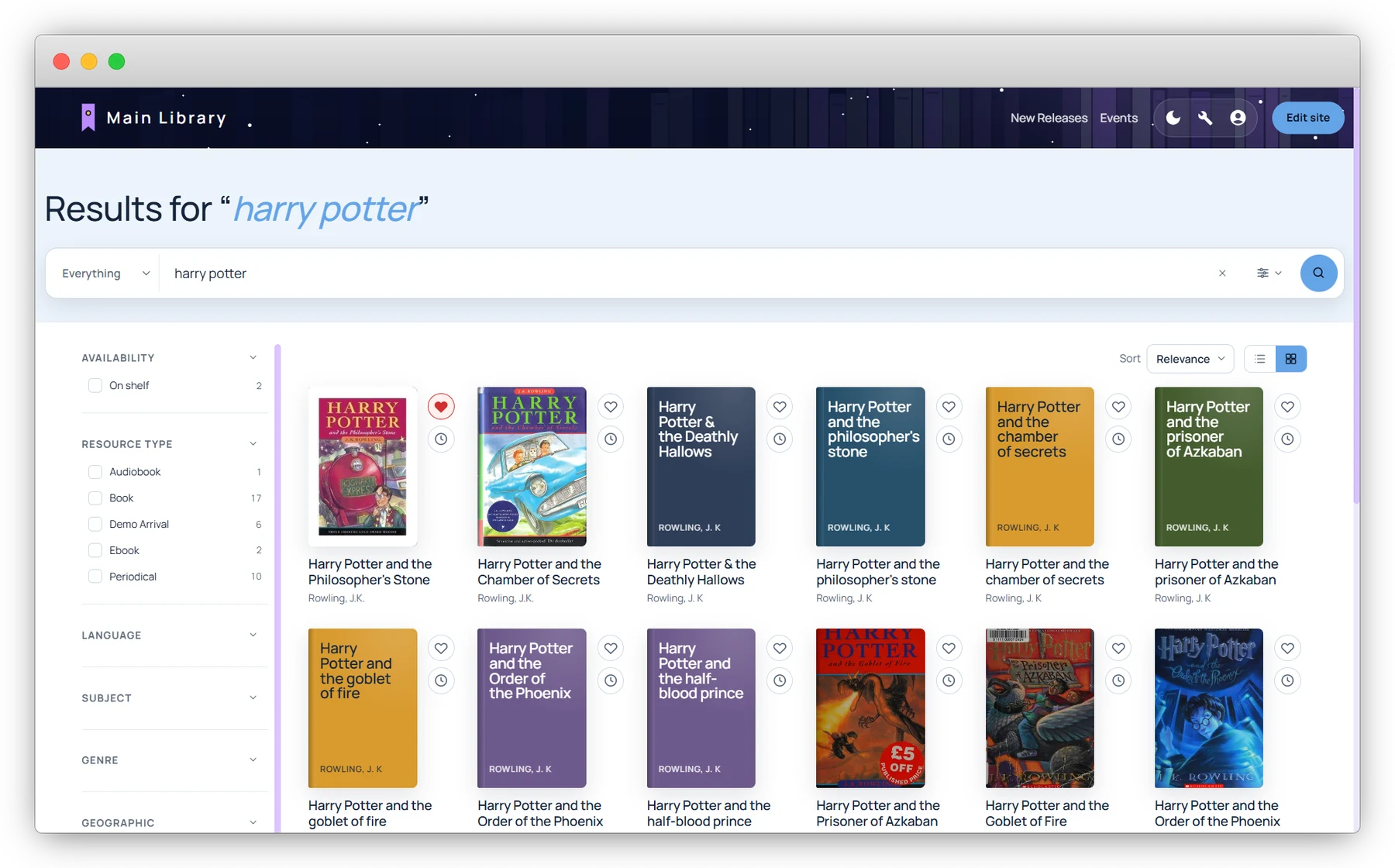 Nova catalogue search showing results as a grid of book covers, with filters for availability and resource type