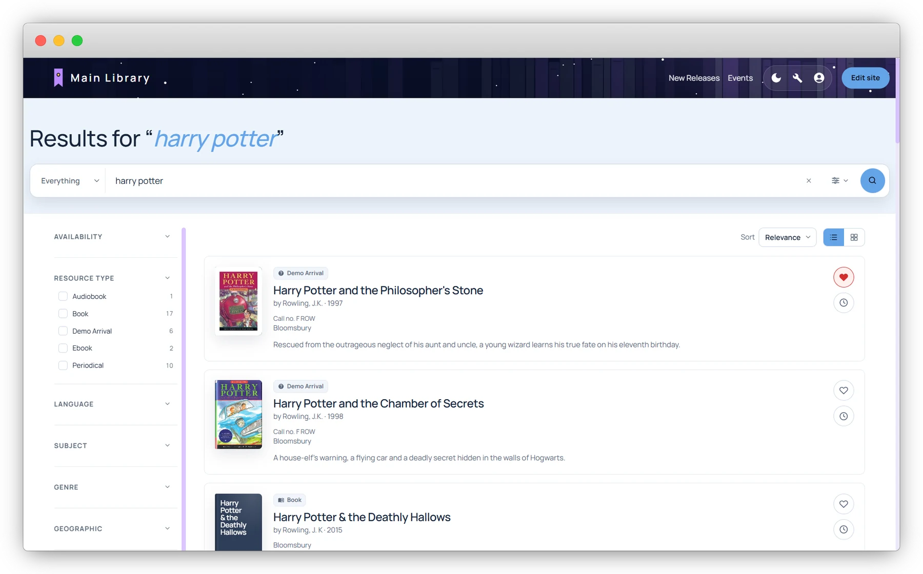 Nova catalogue search results in list view, showing cover, author, call number and description