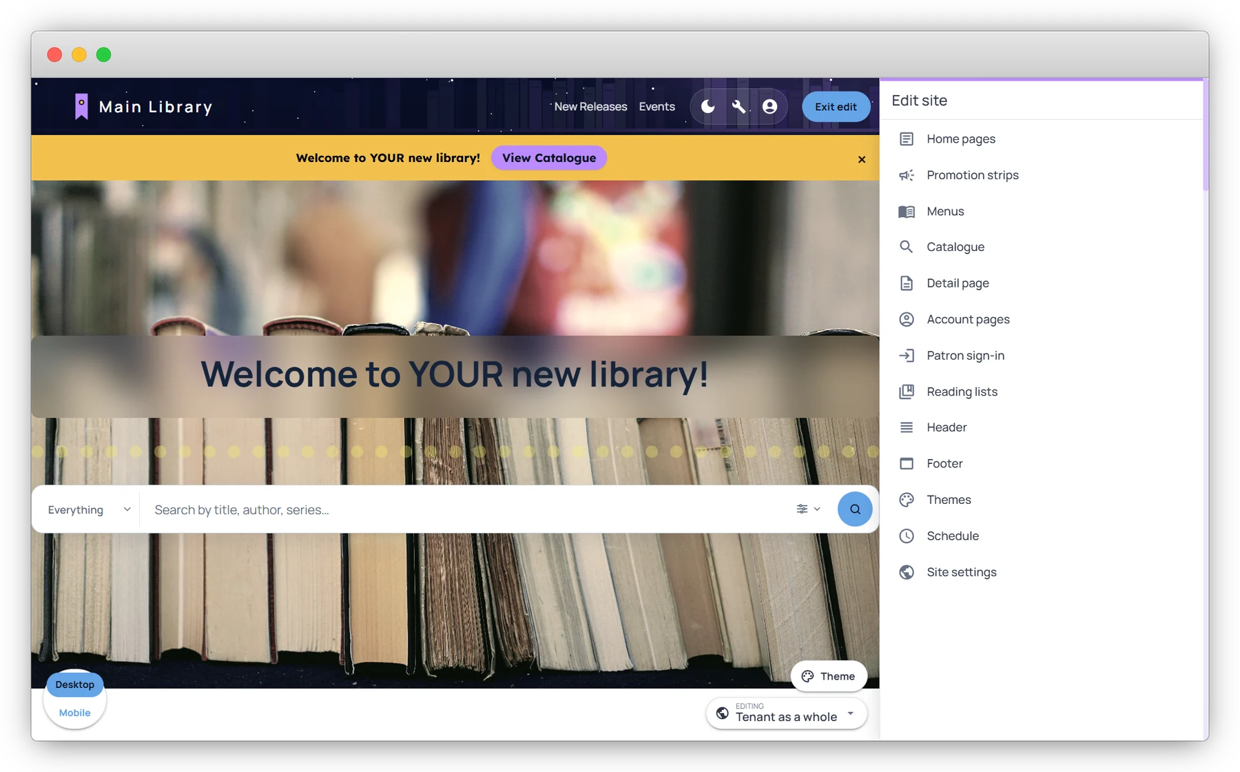 Nova site editor showing a library homepage and a menu of editable pages and settings