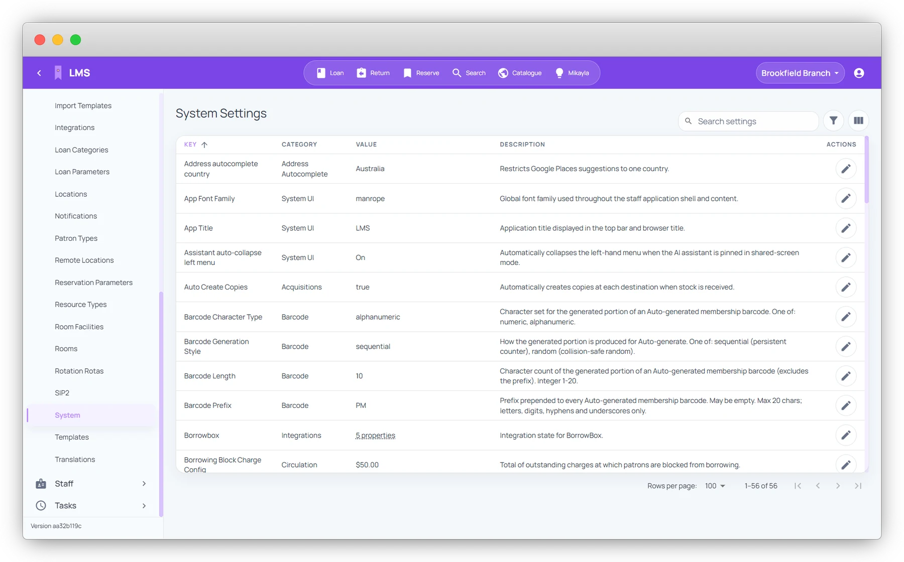 Nova System Settings screen with searchable settings grouped by category